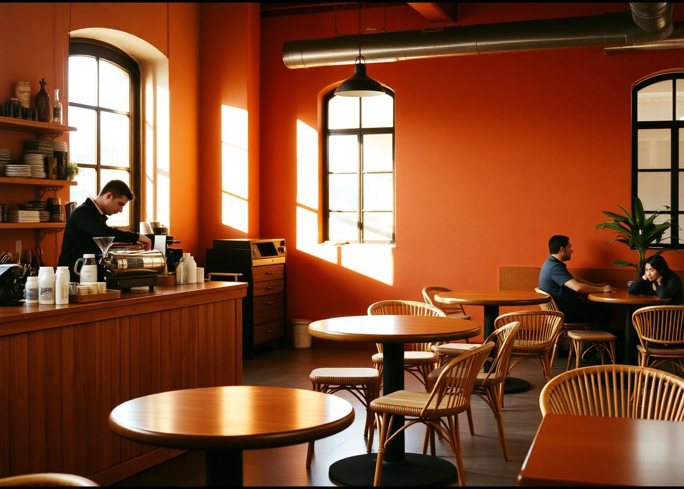 The VoltCafé café counter and lounge seating with warm daylight