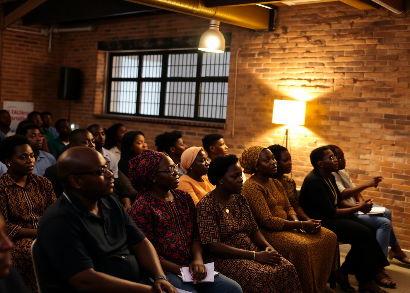 Attendees seated at an evening community event in the VoltCafé event space