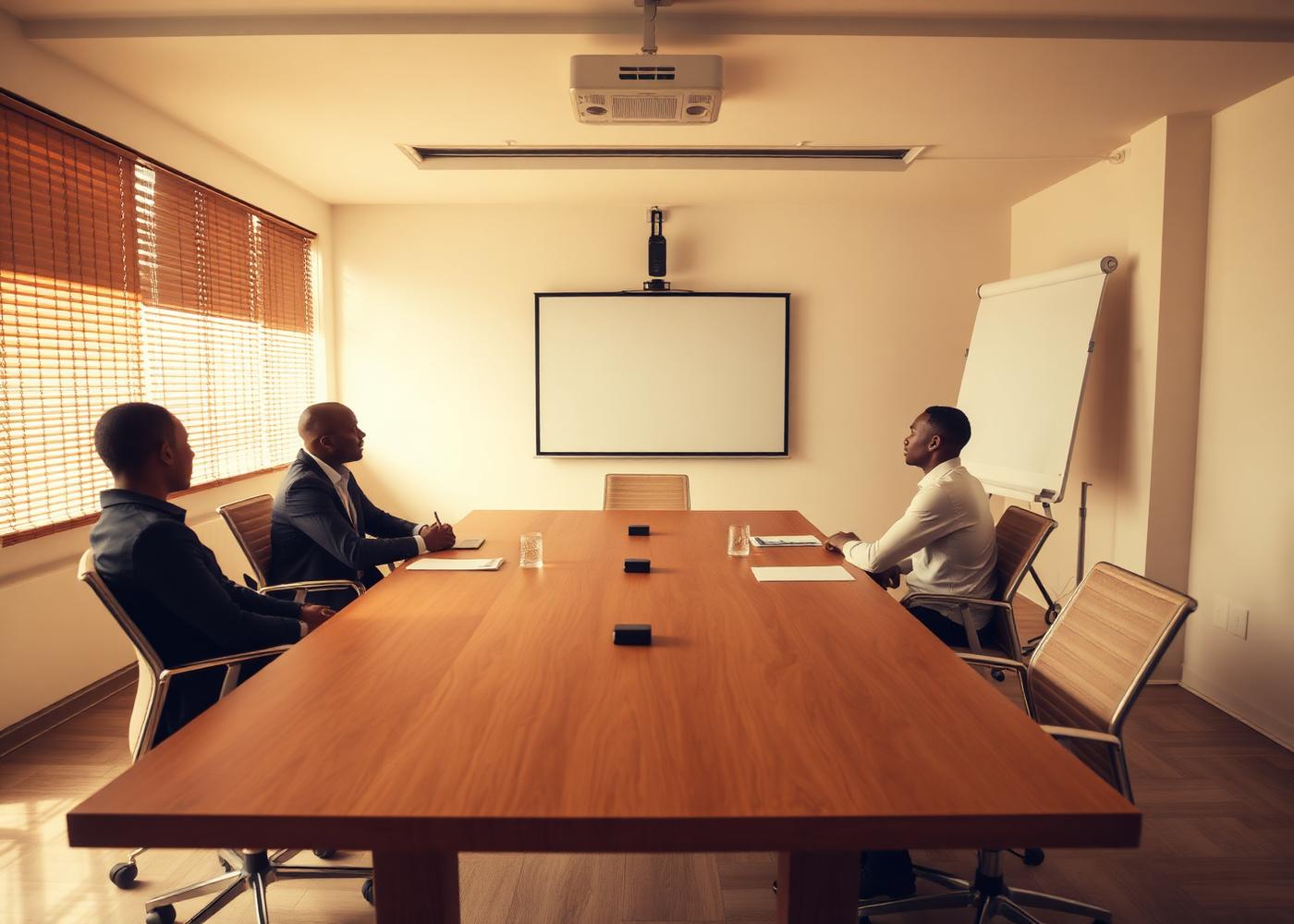 Conference room at VoltCafé with a long table, projector and whiteboard during a meeting