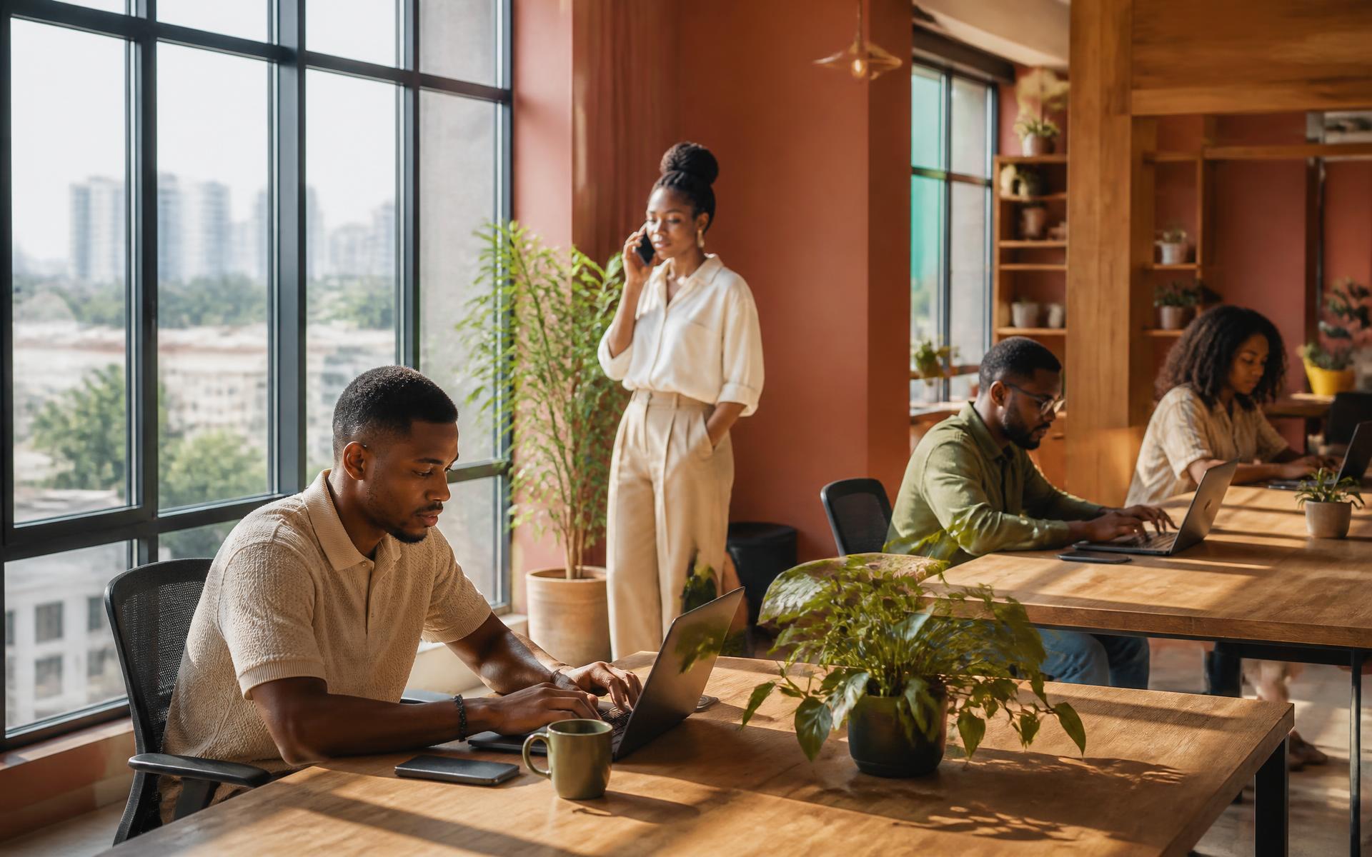 Members working at long wooden desks in the VoltCafé open-plan workspace in daylight
